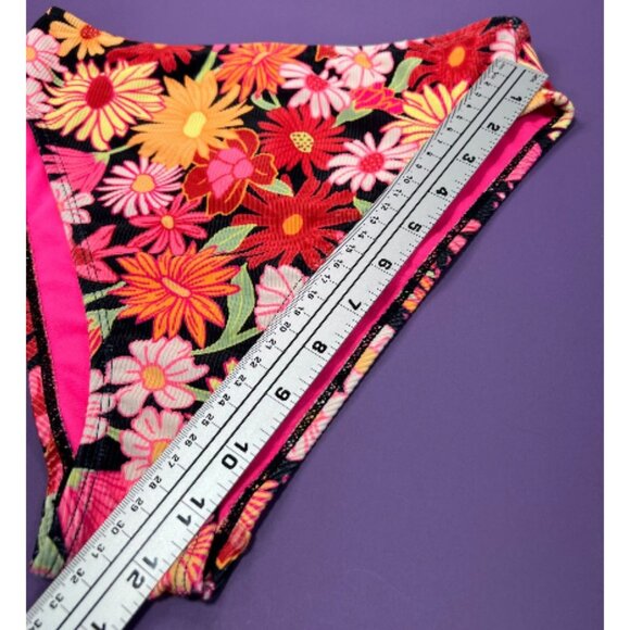 Wild Fable-Women's Ribbed High Waist High Leg Cheeky Bikini Bottom-Black/Pink-XS - Picture 7 of 12